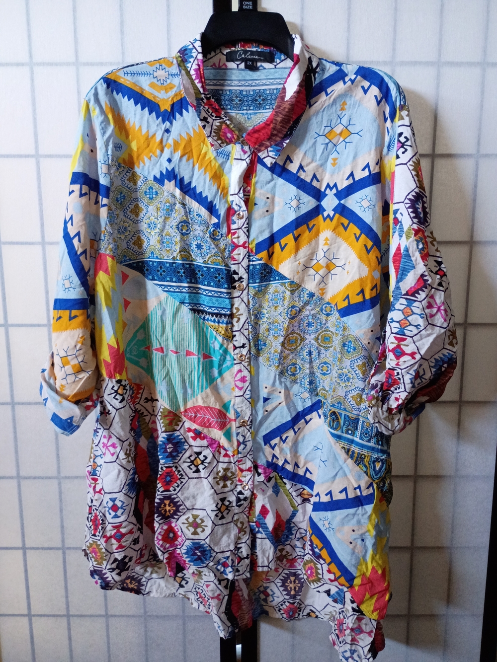 Caleesa Southwestern/Aztec Patchwork Button-Down Tunic Top